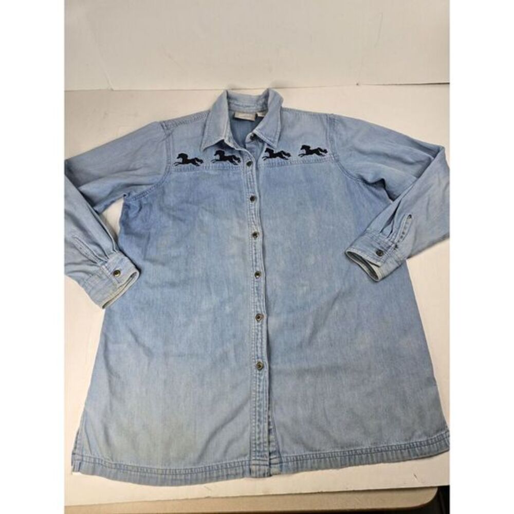 Blair Women's Button Down Shirt Size Large L Blue Denim Long Sleeve Embroidered
